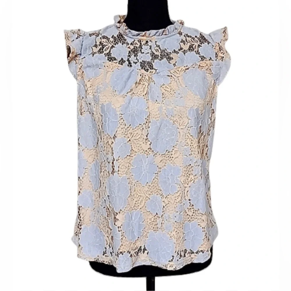 ❎💲SOLD 💲❎ NWT Nude & Periwinkle lined Floral Lace Sleeveless Blouse sz L - Picture 2 of 16